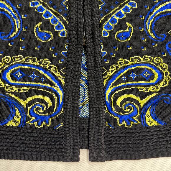 Misook Paisley Knit Zip Up Hip Length Cardigan Sweater Black Blue Yellow Size S - Picture 7 of 14
